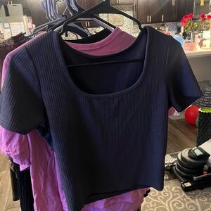 Navy Blue Ribbed Short Sleeve Top